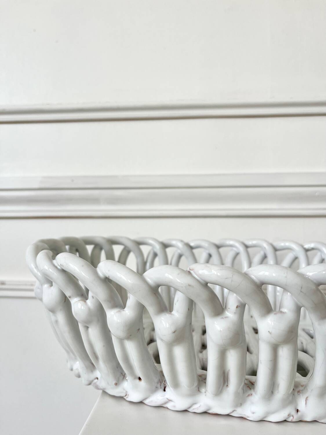 Woven white ceramic fruit bowl