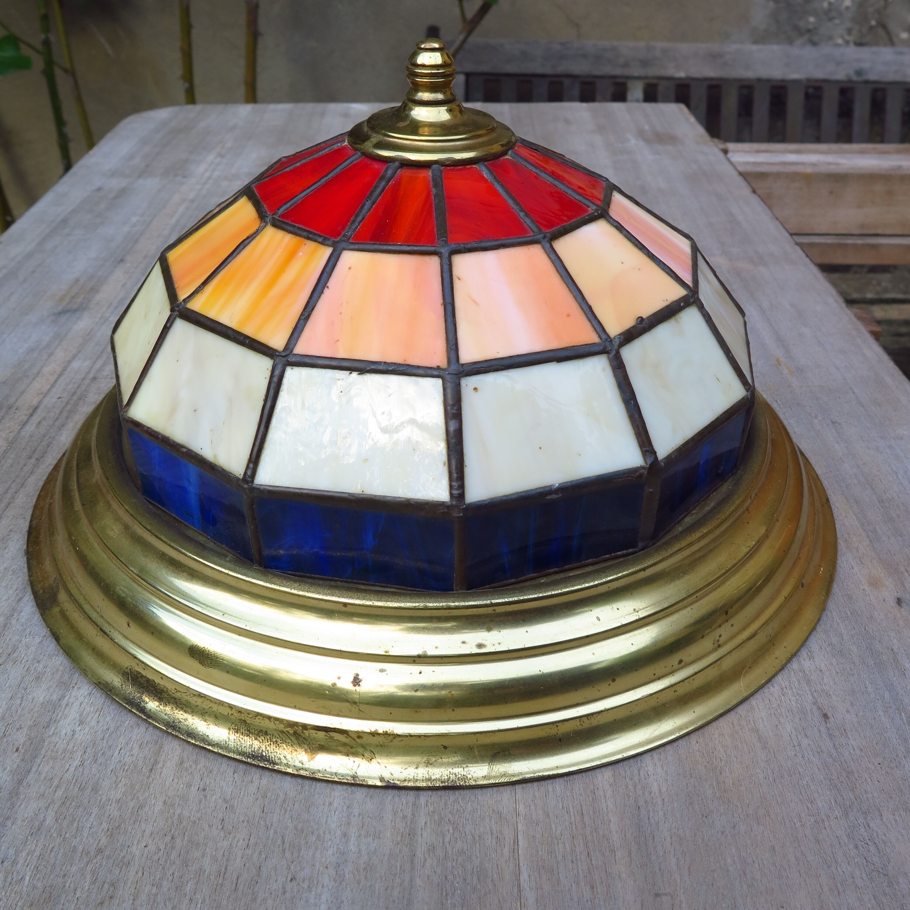 English leaded stained glass ceiling lamp in art-deco style