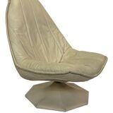 Fauteuil pivotant vintage en cuir crème avec pied octogonal Design 1970