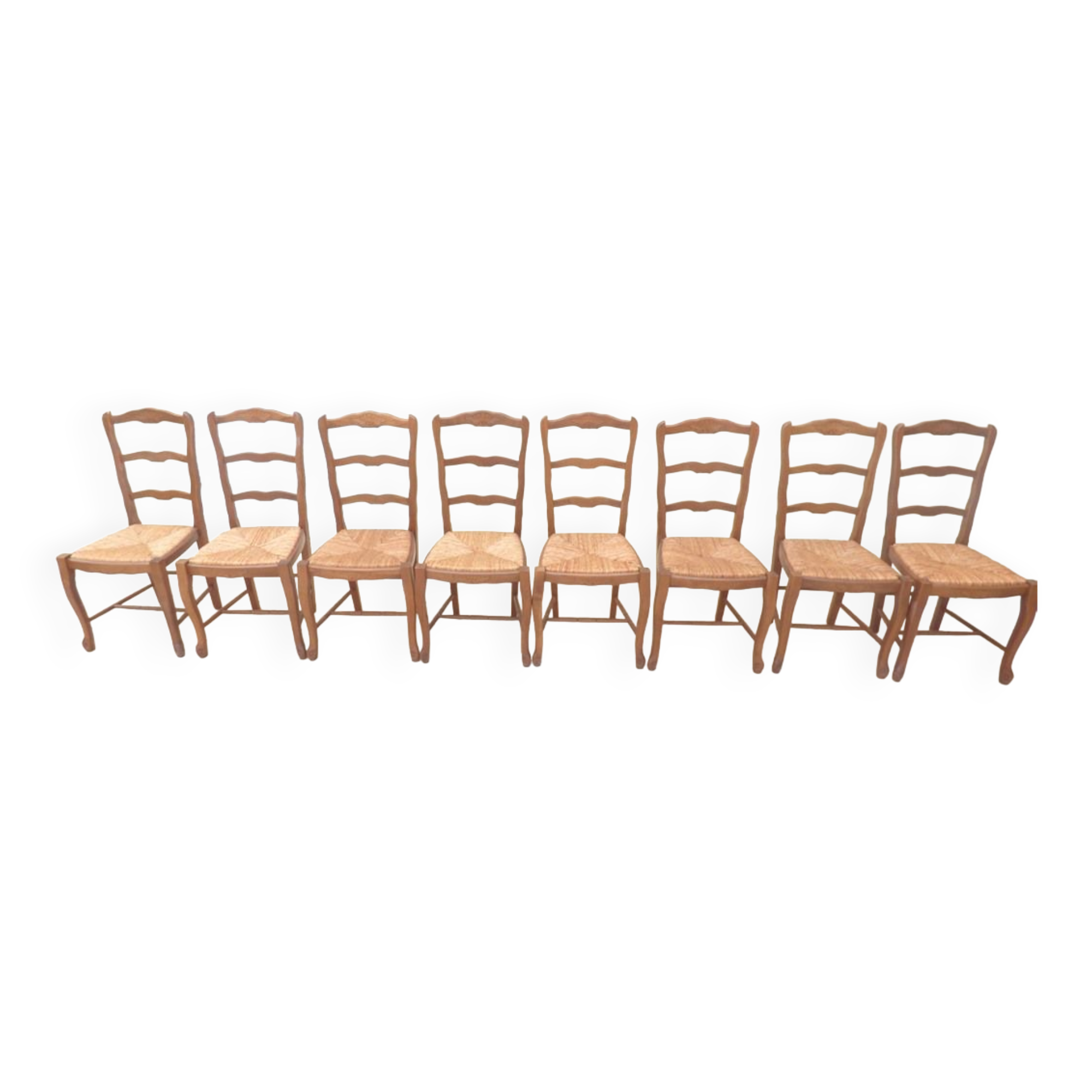 8 Straw chairs with high backs in solid wood