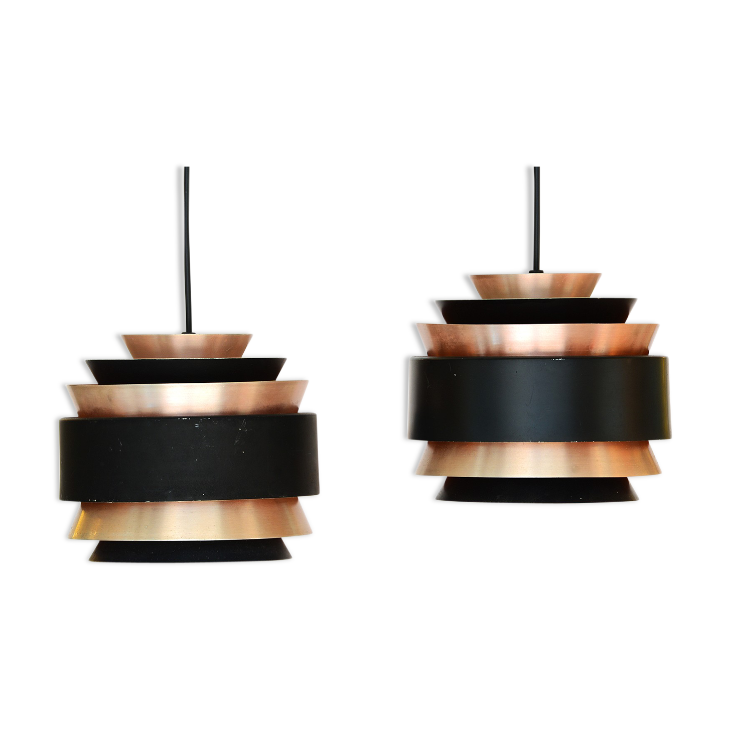 Pair of layered pendant lights in brushed aluminum. Denmark 1960s