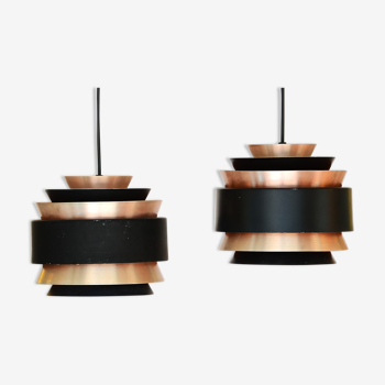 Pair of layered pendant lights in brushed aluminum. Denmark 1960s