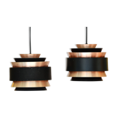 Pair of layered pendant lights in brushed aluminum. Denmark 1960s