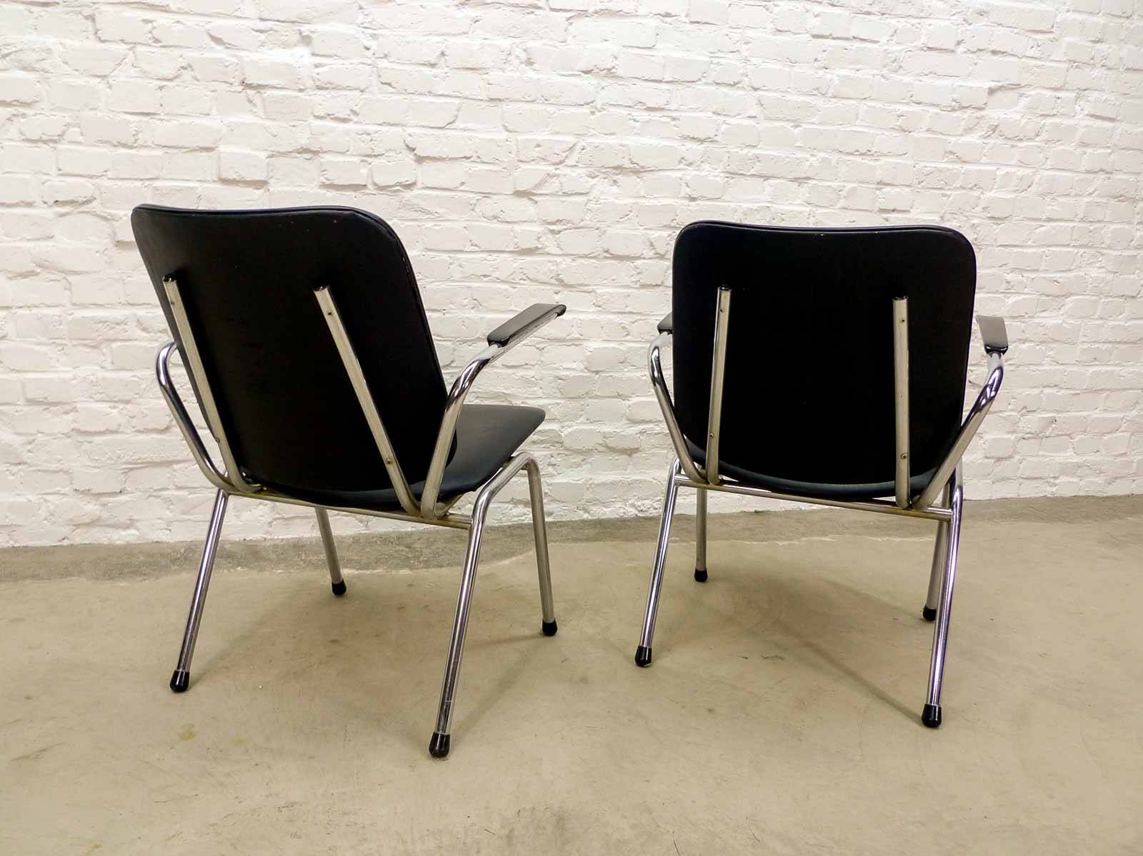 Black Leatherette Dutch Design Gispen Armchairs by Martin de Wit, 1960s.