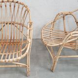Ensemble fauteuils et table en bambou et rotin année 70