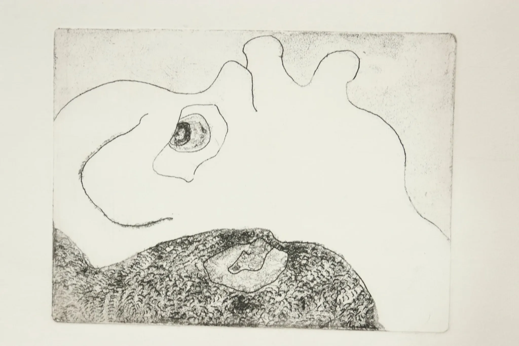 Abstract etching – face with a large eye, probably by M. Schneider, 1970s
