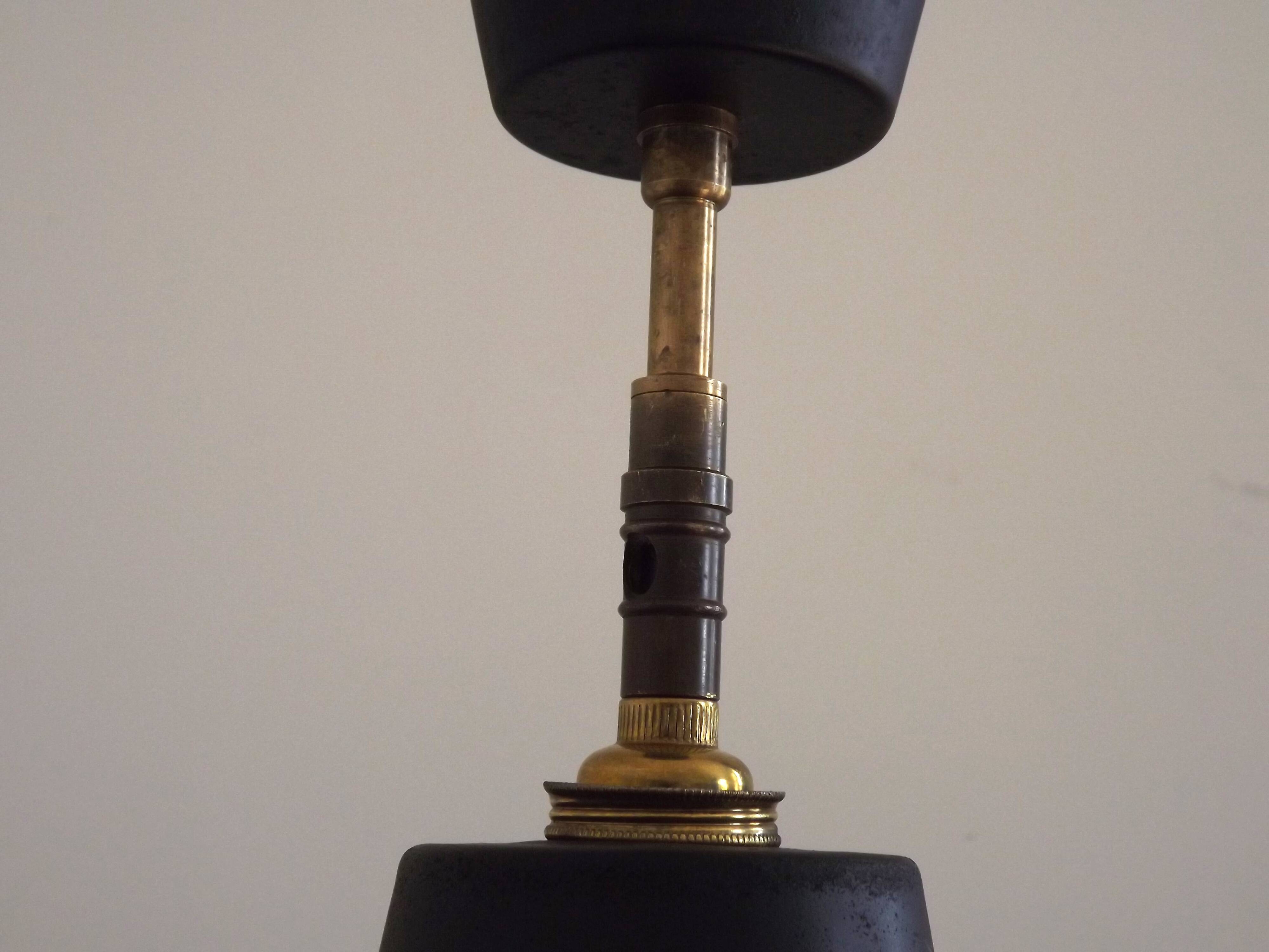 French Vintage 1950s Industrial Light In Black Metal White Enamal & Brass