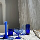 5 blue glass stemmed ice cream bowls