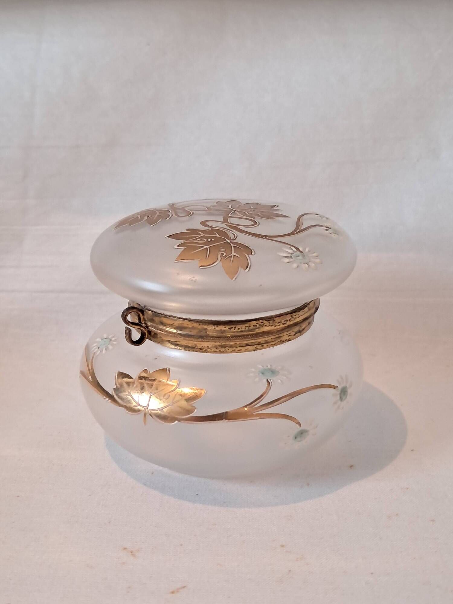 Art nouveau satin glass candy dish with enamel painted floral decor
