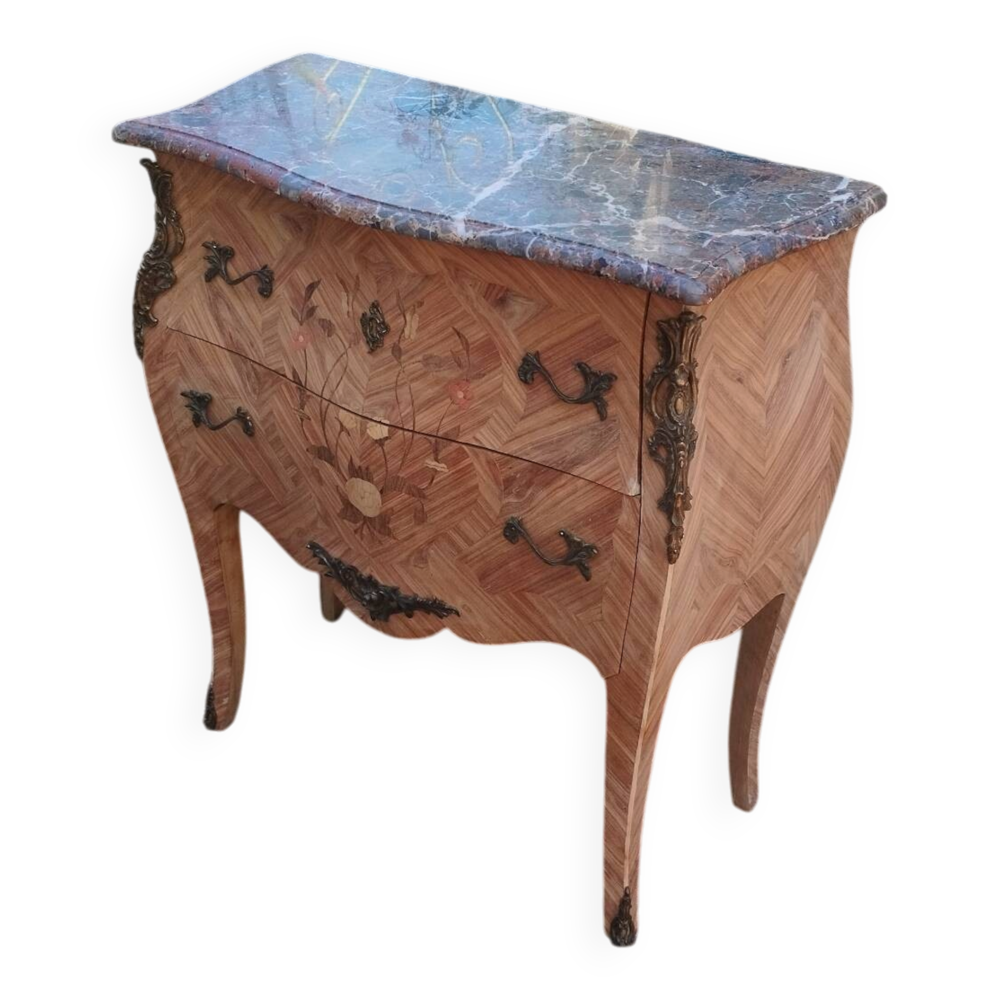 Antique commode in marquetry in the Louis XV style with a marble top.