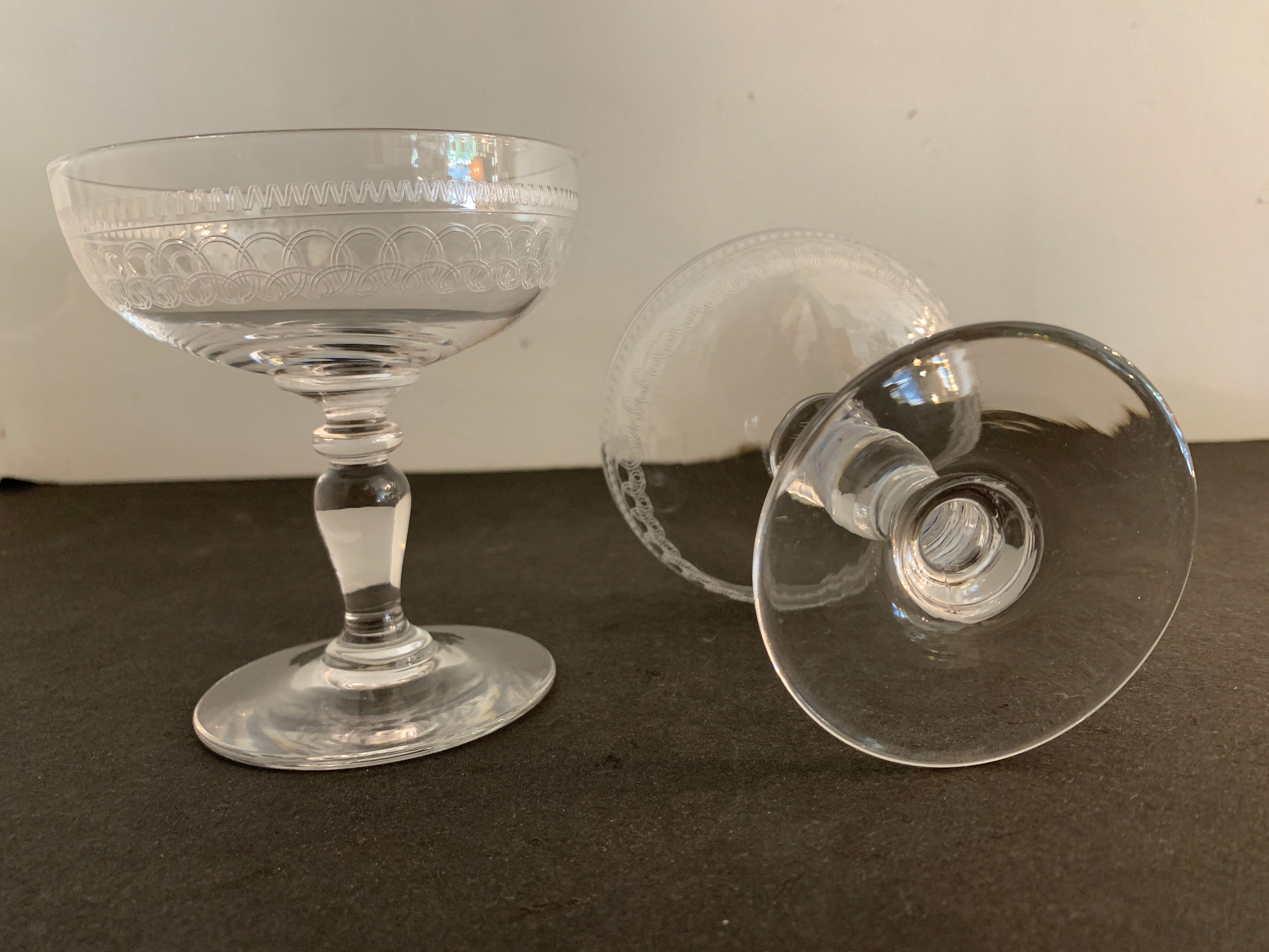 5 antique champagne glasses in engraved crystal