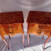 Pair of French rosewood bedside tables, marble top, inlaid beds.