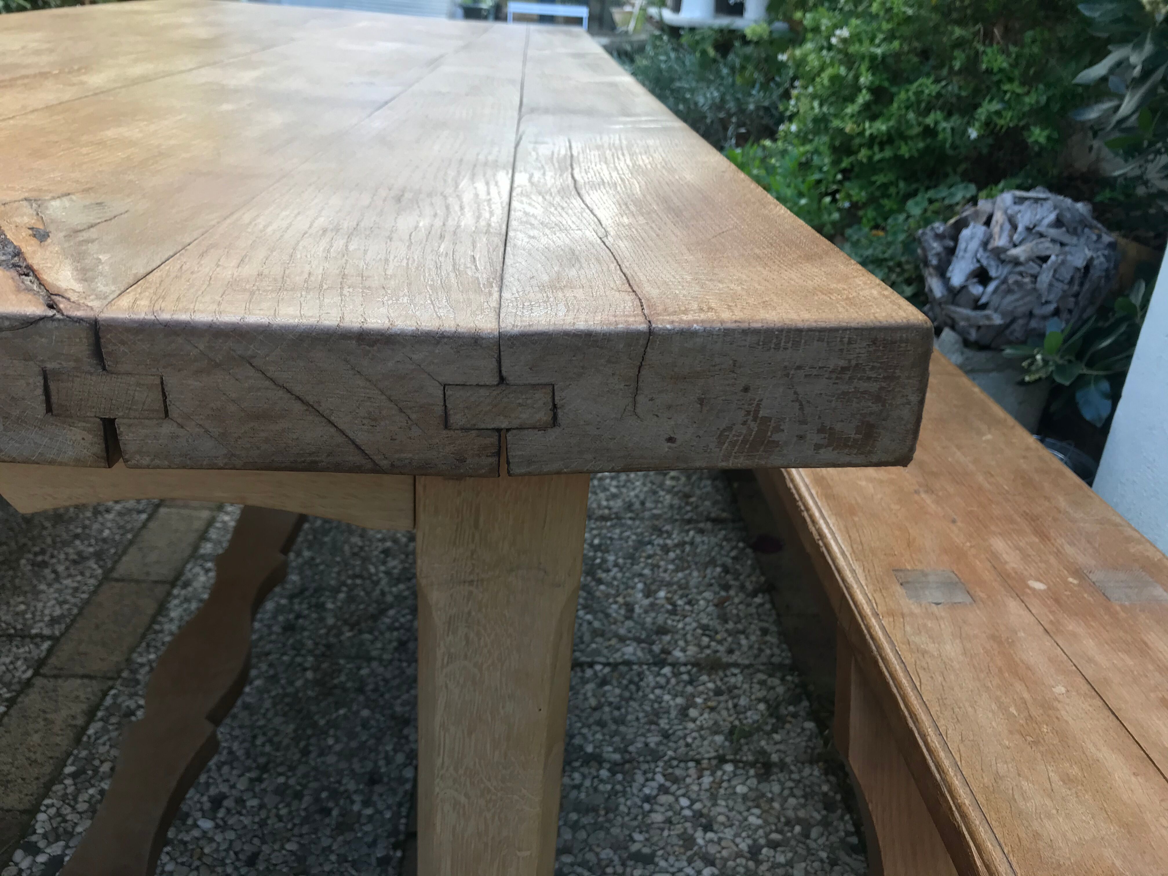 Farm table and two solid oak benches