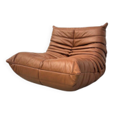 Togo lounge chair in dark cognac leather attributed to Michel Ducaroy for Ligne Roset