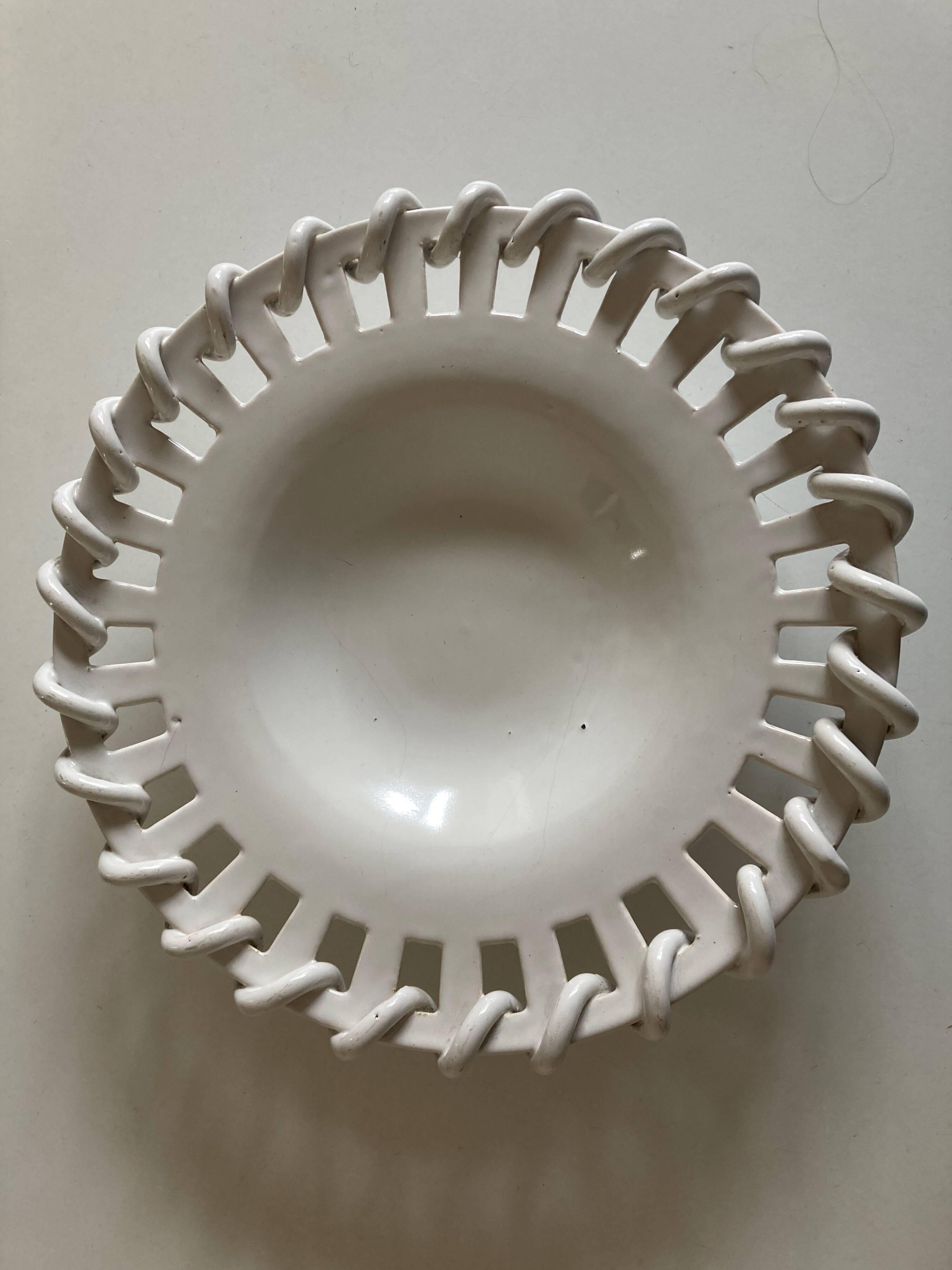 Woven ceramic basket white earthenware centerpiece