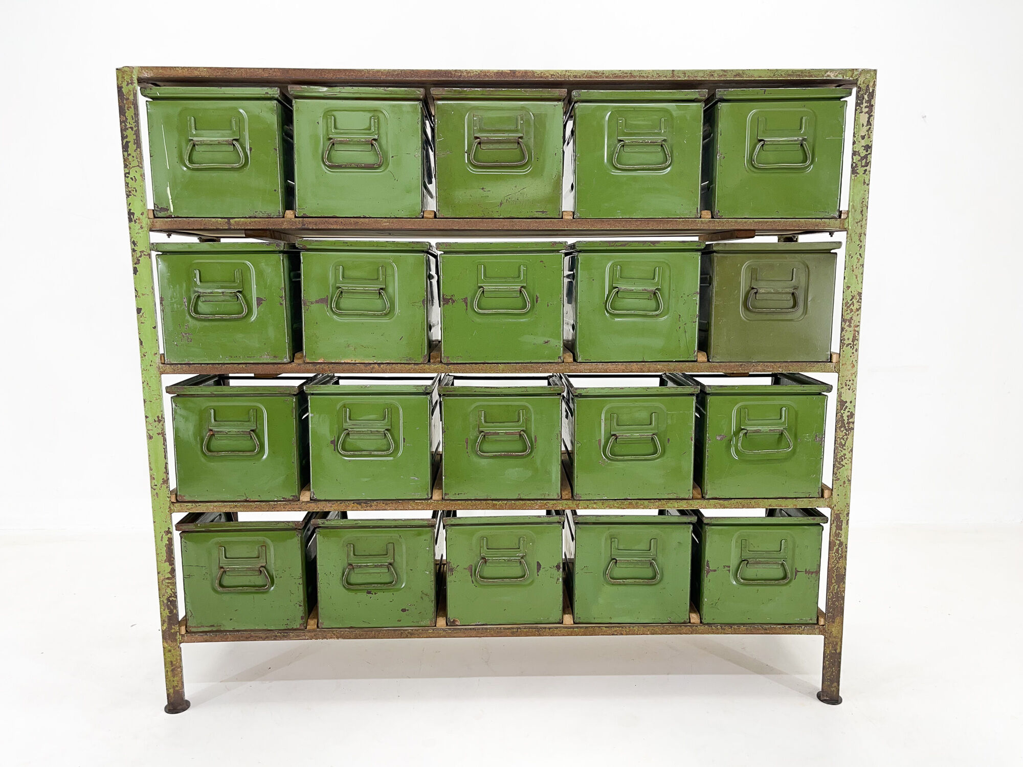 Vintage industrial cabinet, 20 iron drawers, wooden top, 1950's