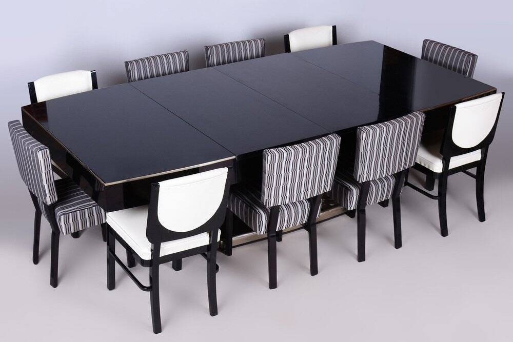 Large Art Deco Chrome and Black Glass Extendable Dining Table, 1930s