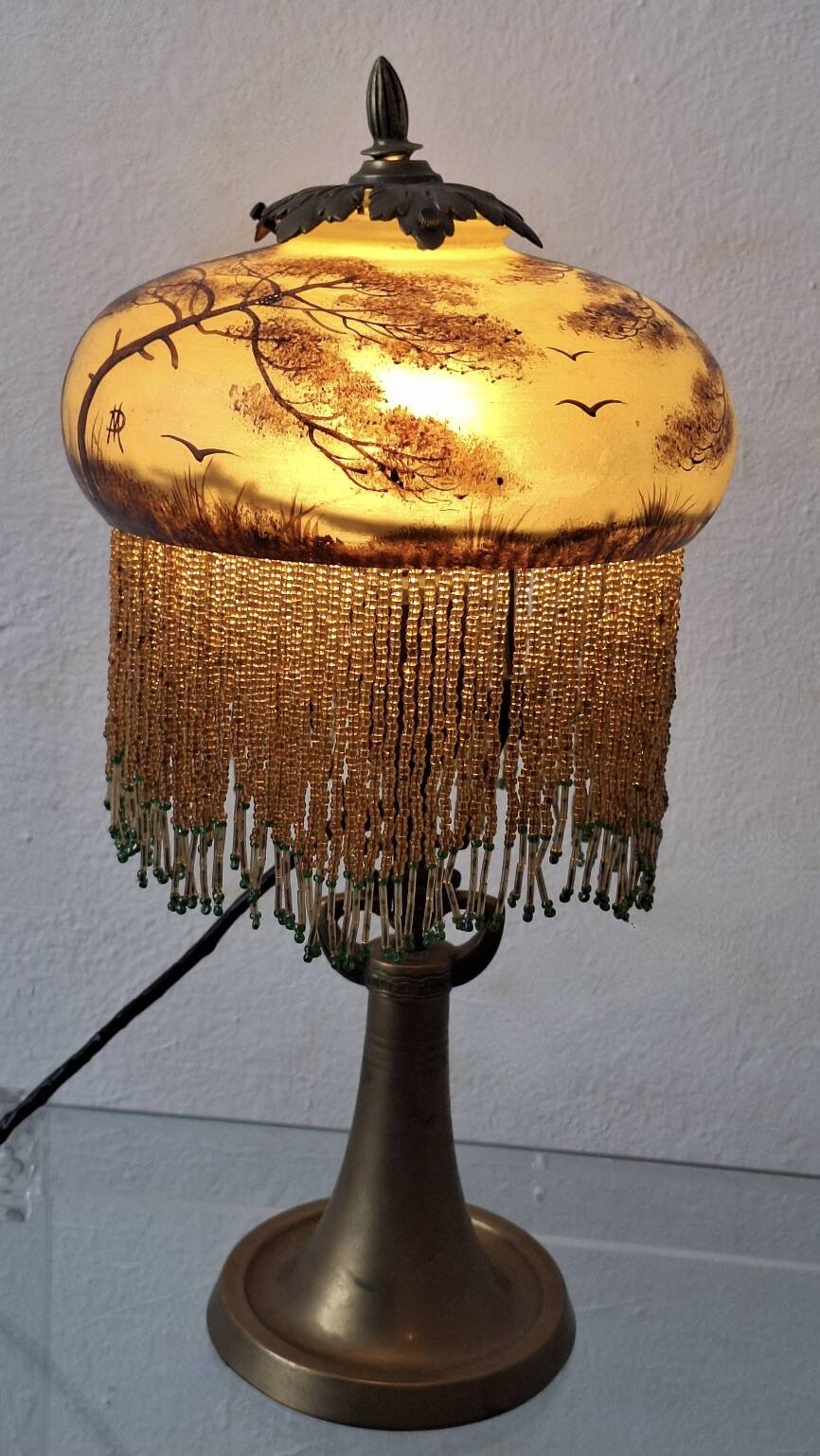 Antique signed reverse painted bronze table lamp, 1910-20