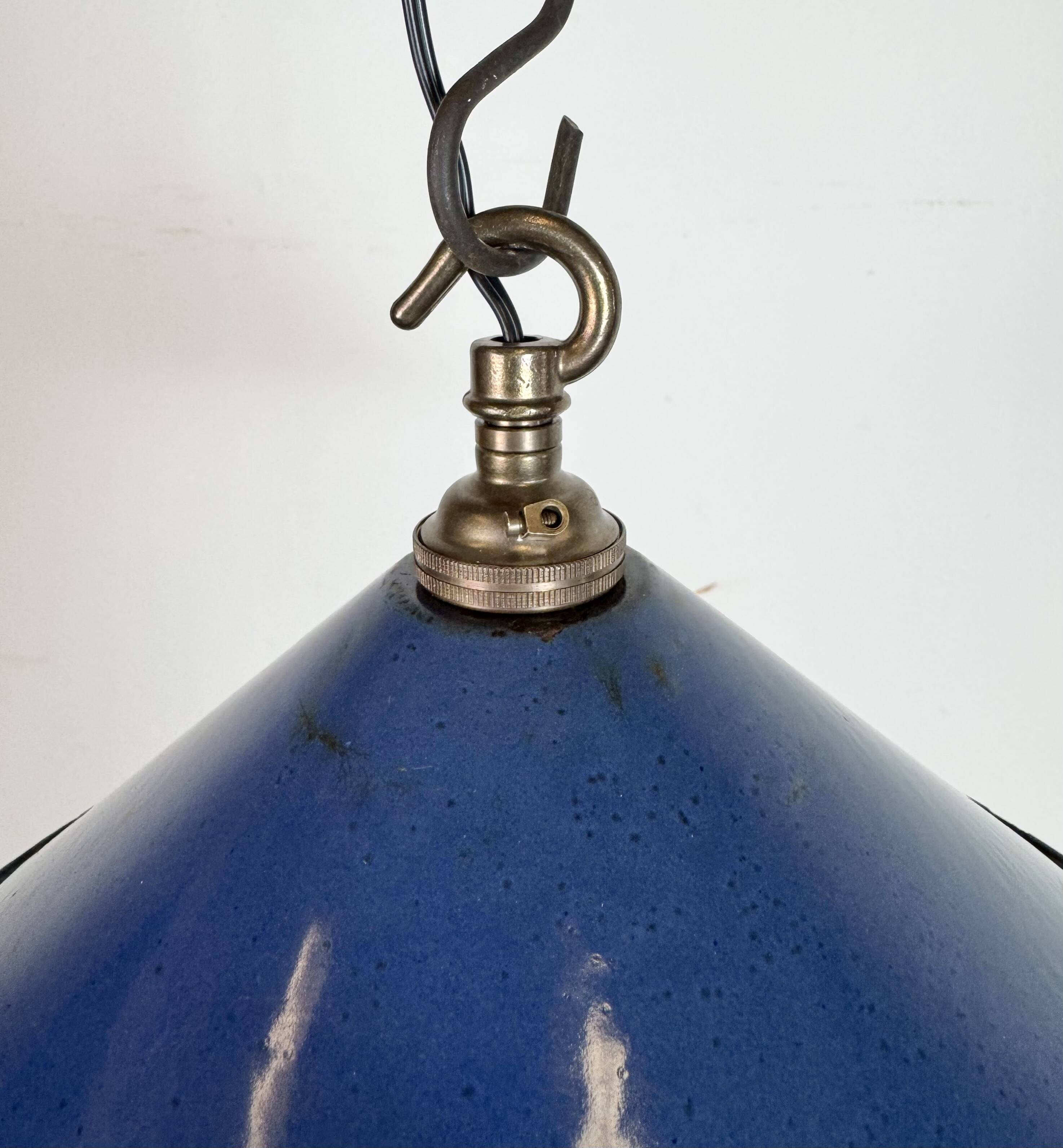 Industrial British Blue Enamel Factory Pendant Lamp, 1950s