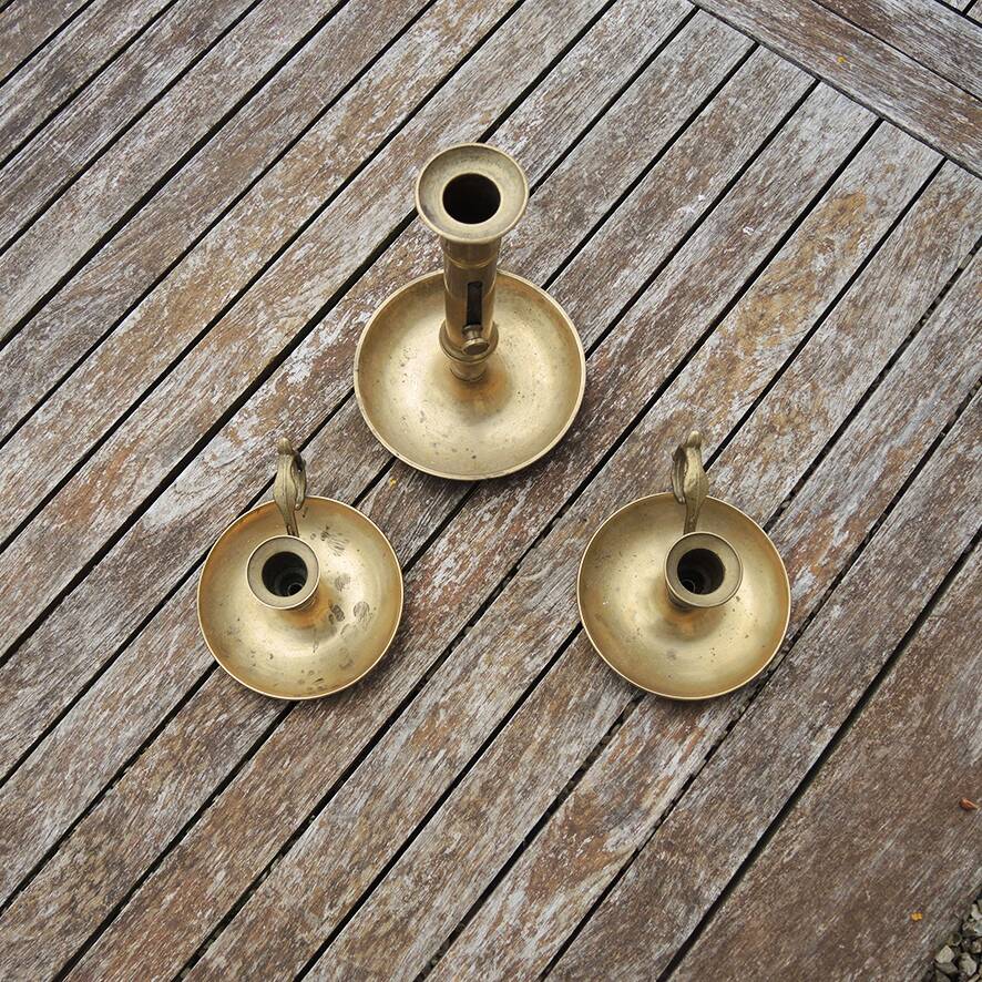 3 antique brass candlesticks with handles