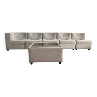 Canapé vintage modulable, 5 chauffeuses + table basse, laine beige Danemark