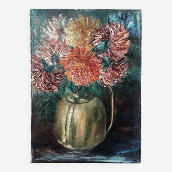 50's painting "Dahlias" signed Ola