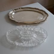Plat serviteur apéritif métal argenté poinçon HKE et verre