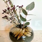 Grey brown round handmade vintage vase with leaf design