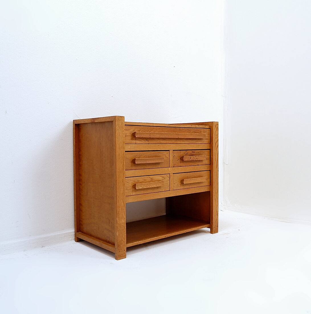 1960s wooden sewing cabinet with double-sided drawers