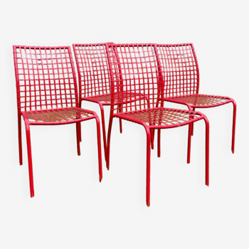 Set of 4 vintage red mesh metal chairs