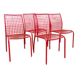 Set of 4 vintage red mesh metal chairs