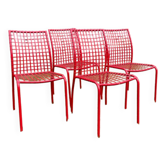 Lot de 4 chaises vintage rouges en métal grillagé