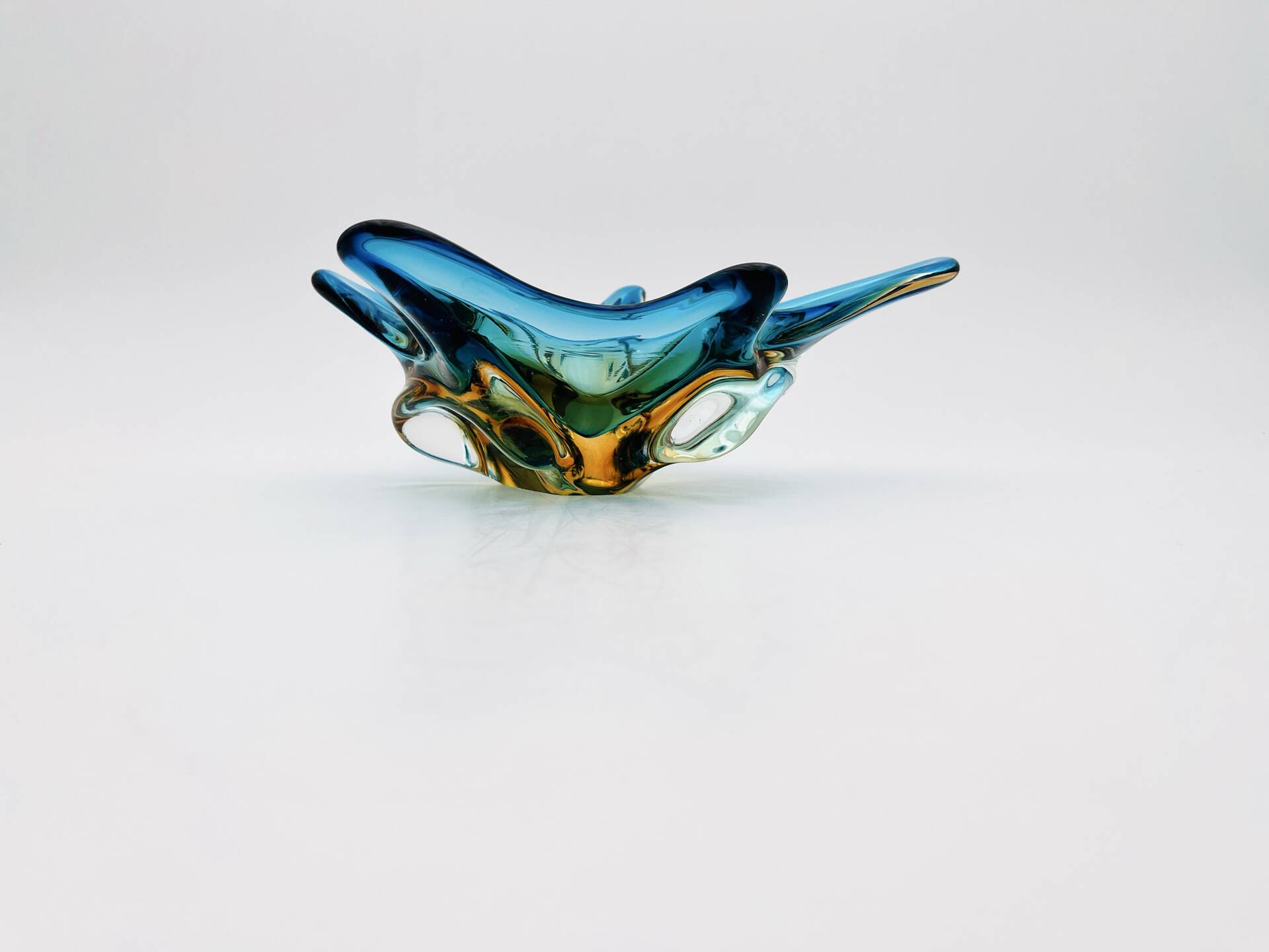 Murano Sommerso Blue Amber Sculpture Bowl 23cm