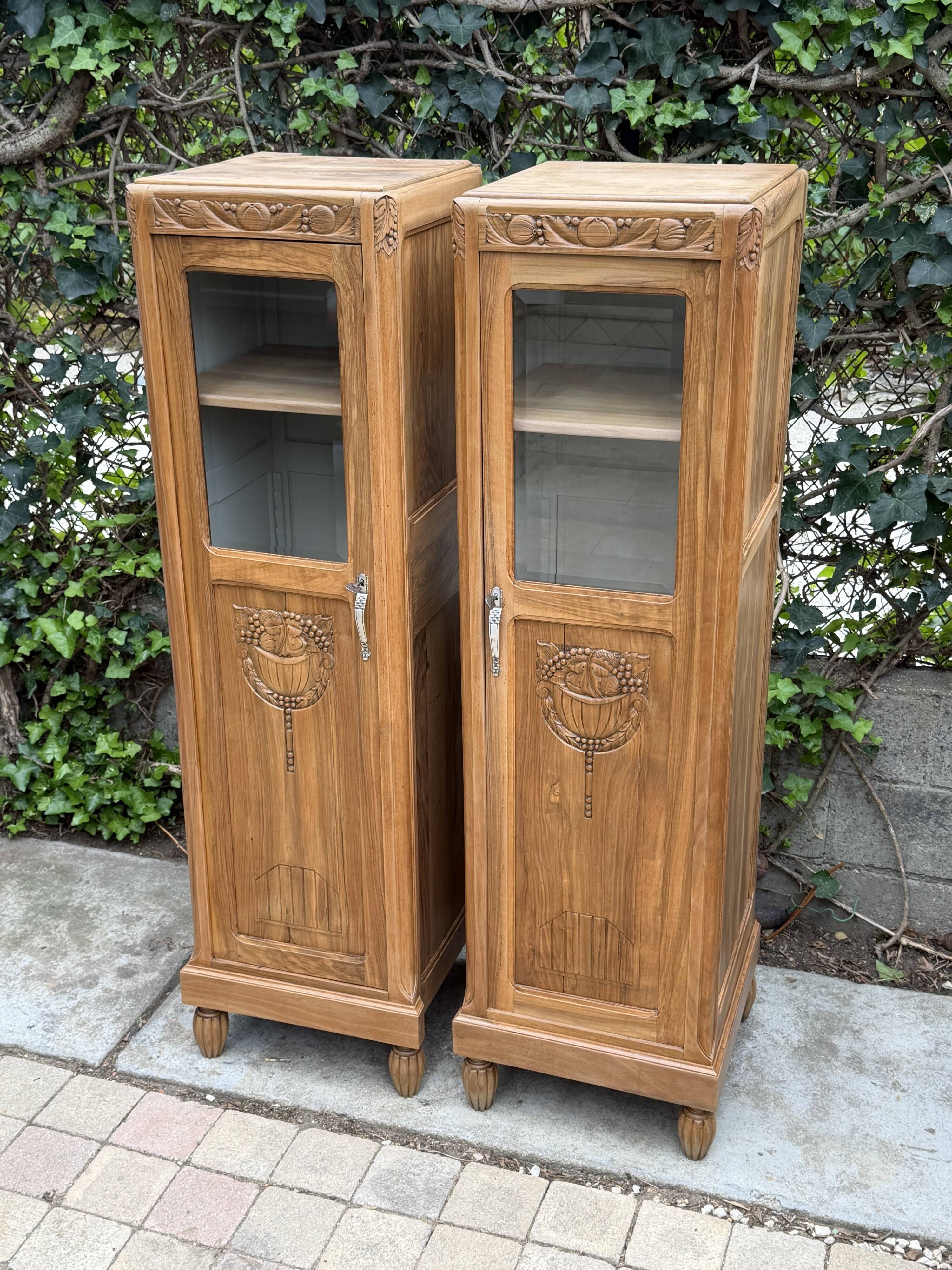 Rare pair of Art Deco glass columns in solid walnut – renovated