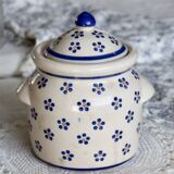 Vintage beige earthenware candy box - Hand-painted blue floral decoration