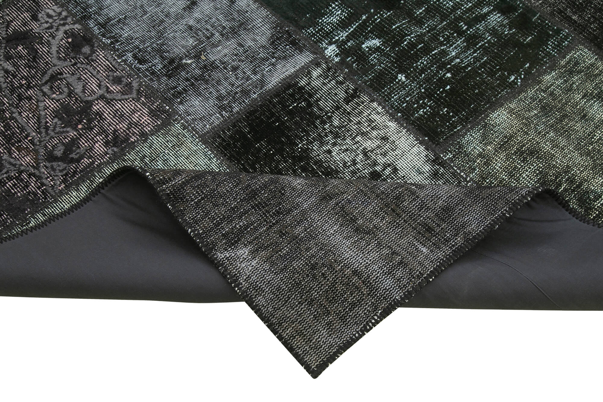 Hand-knotted oriental overdyed 198 cm x 300 cm black patchwork carpet