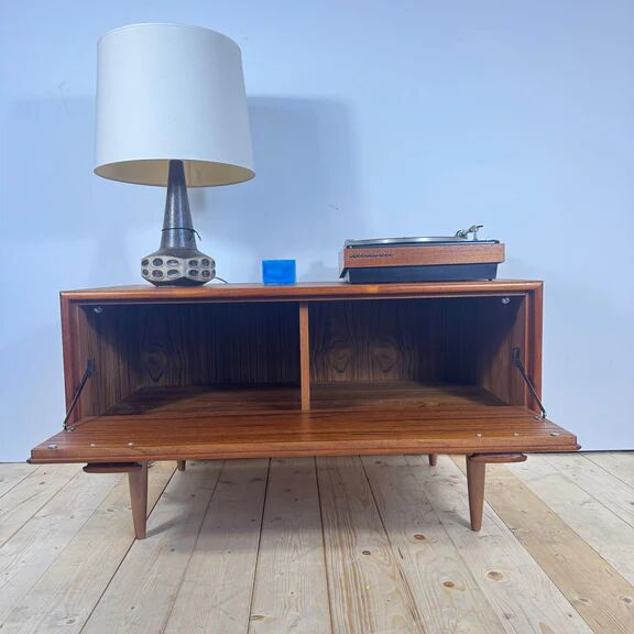 Low vintage sideboard with drop-down door – Scandinavian design 1960s, teak and elegant details