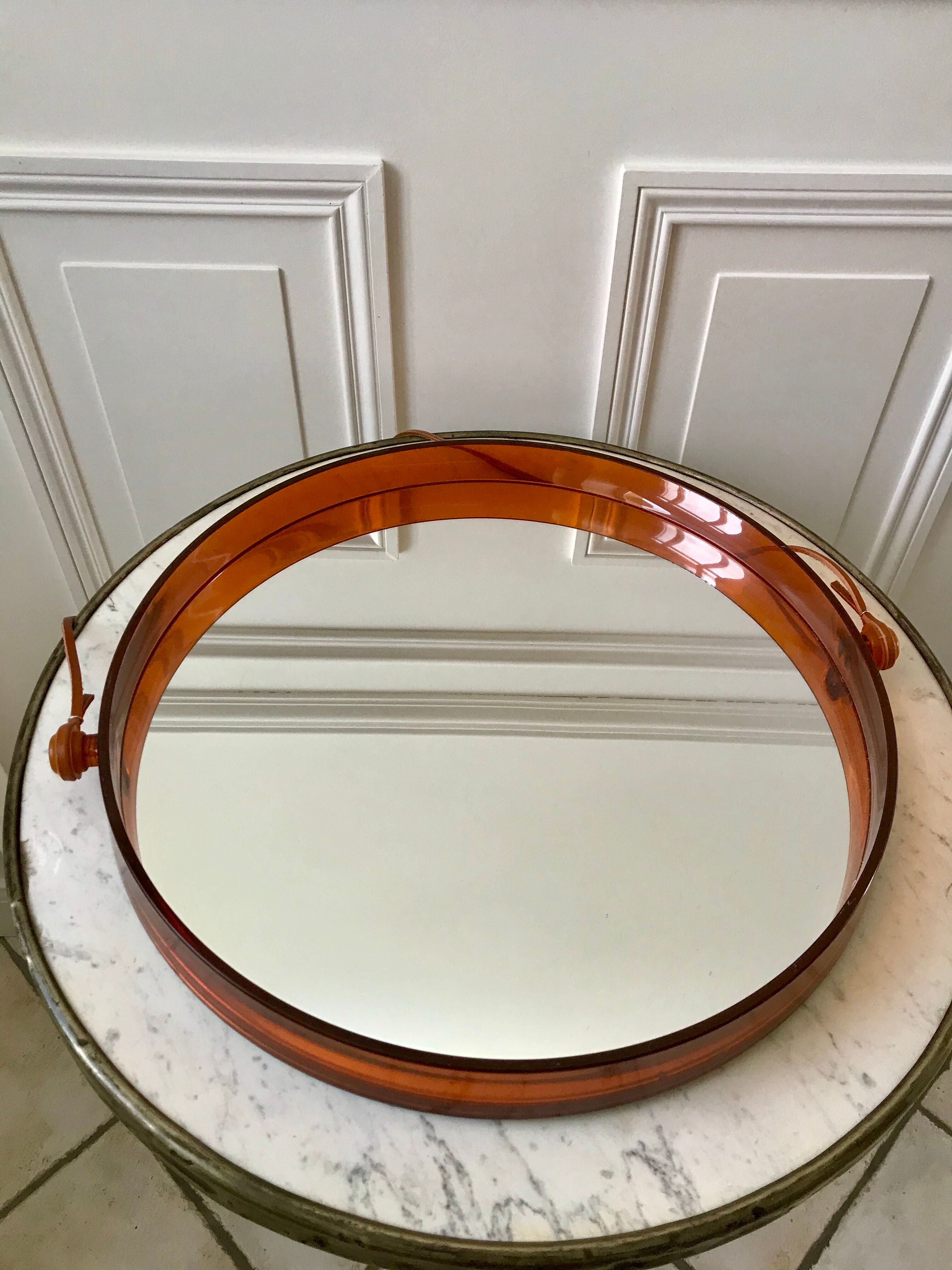 mirror cap brown orange design plexi and leather strap Made in France 1974