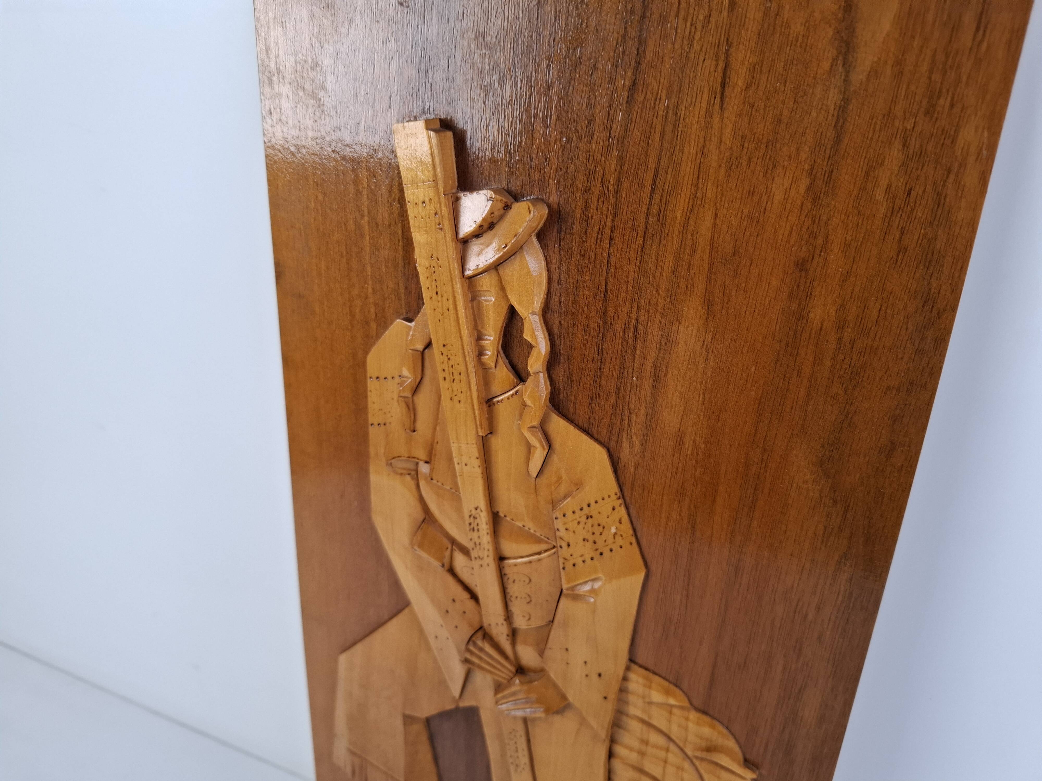Mid-century Czech hand-carved wooden shepherd wall relief, 1960.