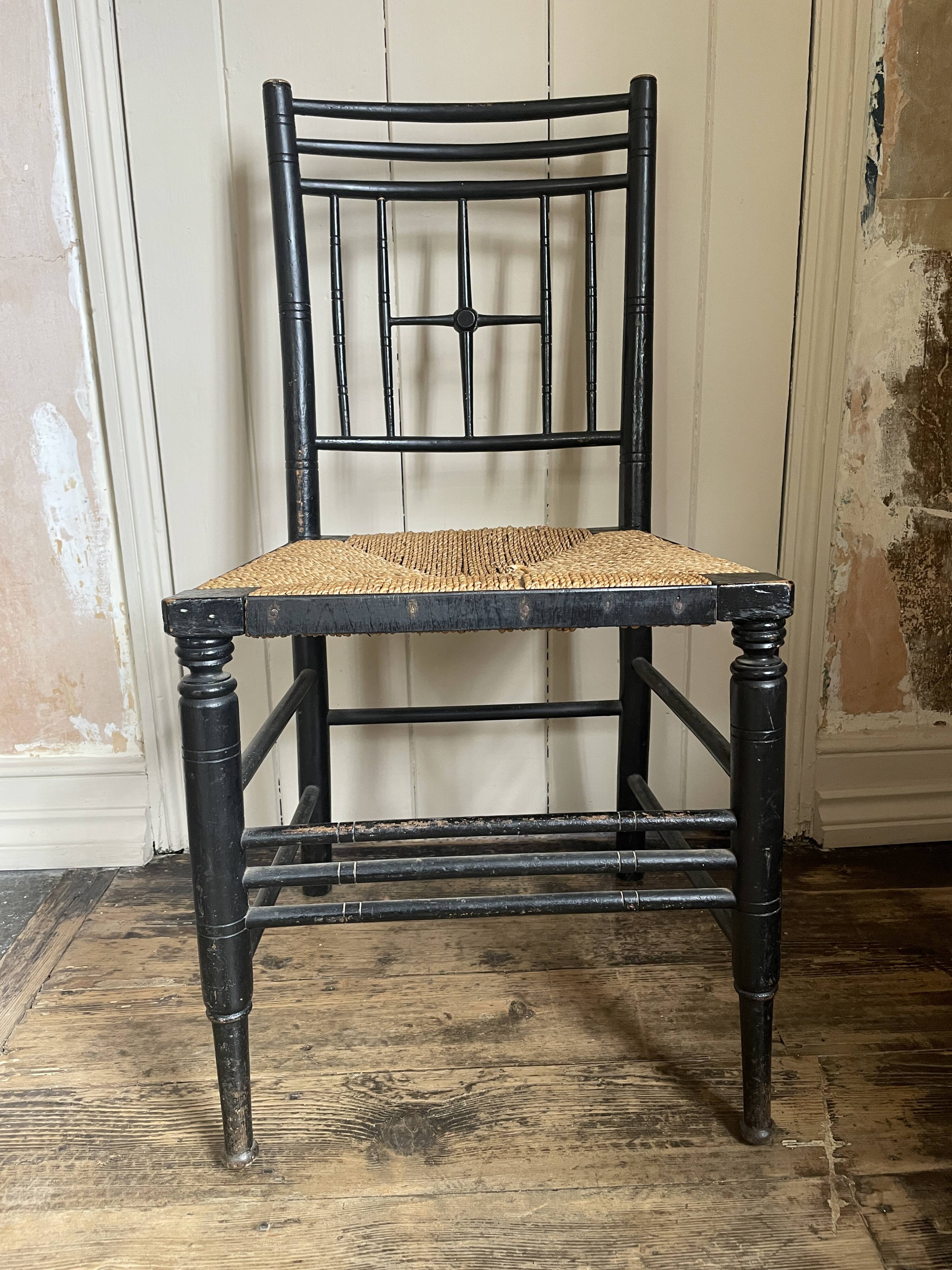 Arts & Crafts Ebonised Rush Seated Chair After a Design by Ford Madox Brown