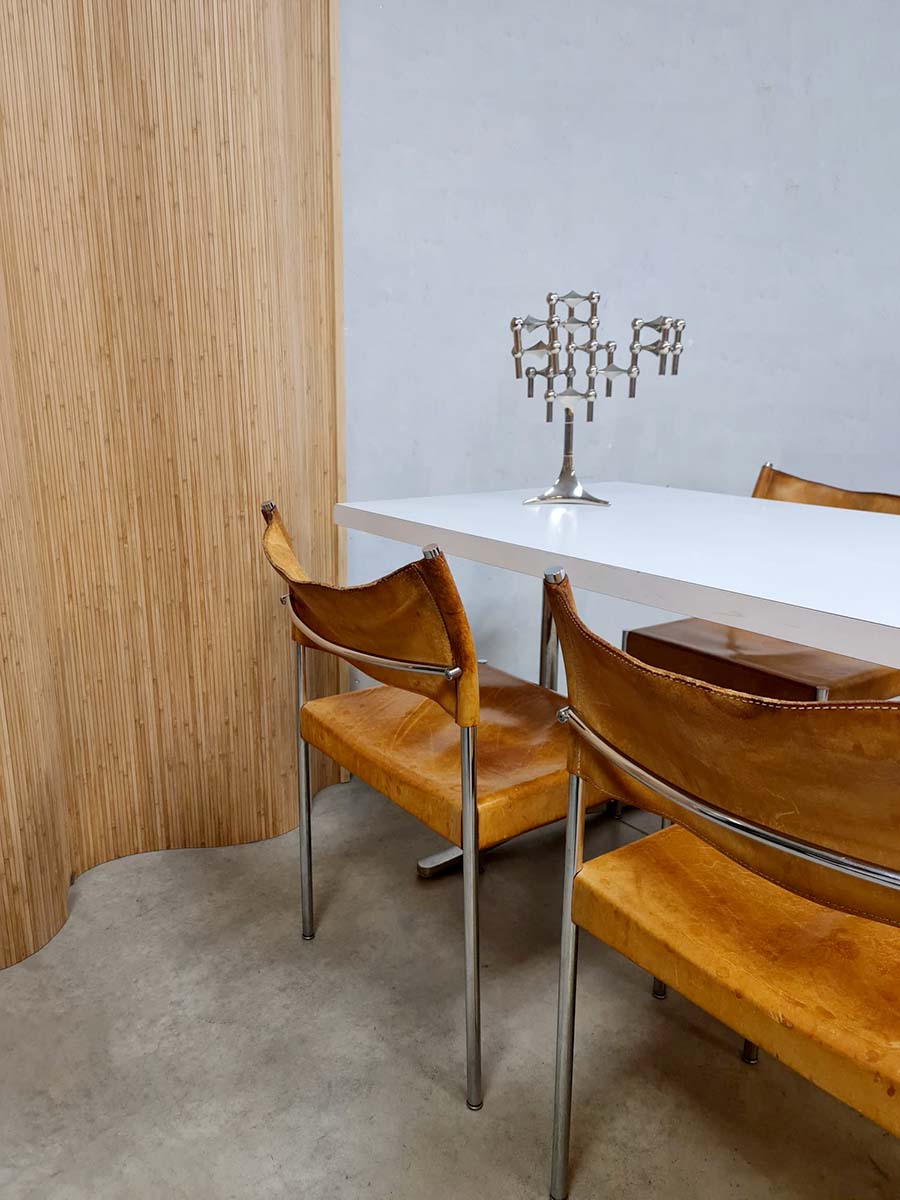 Vintage Dutch design chrome dining set leather chairs 'Minimalism'