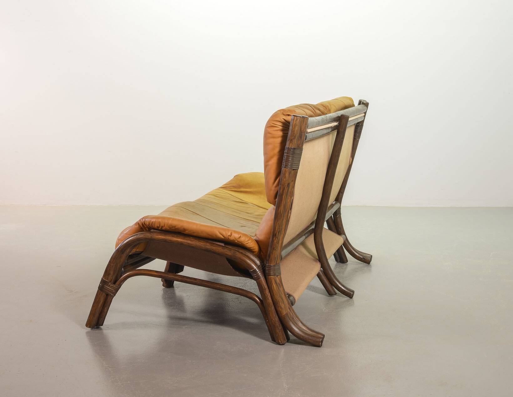 Brutalist Bentwood Love Seat Bamboo Sofa w. Caramel Leather Upholstery, 60s