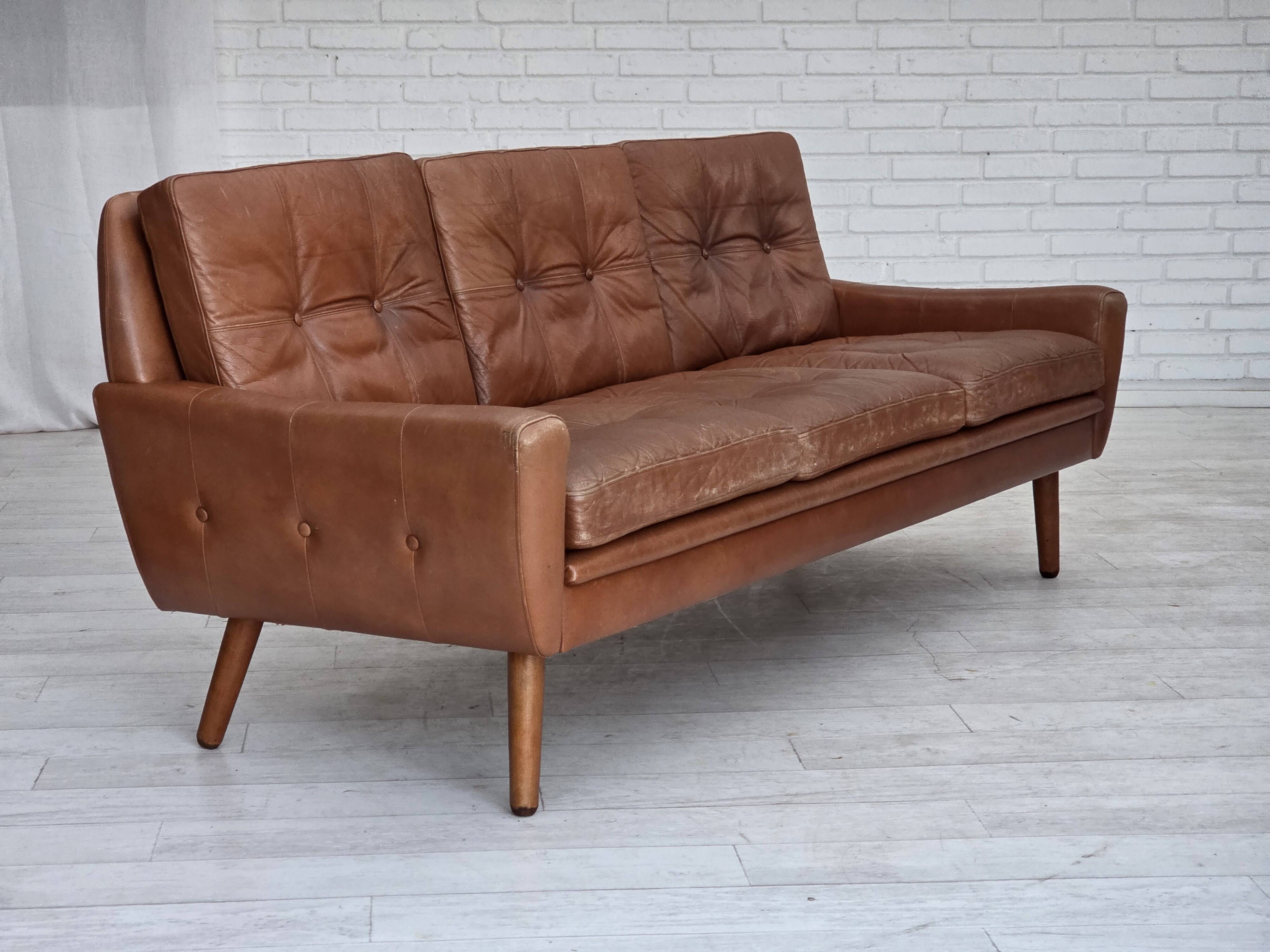1970s, 3-seater Danish sofa, brown furniture leather with patina.