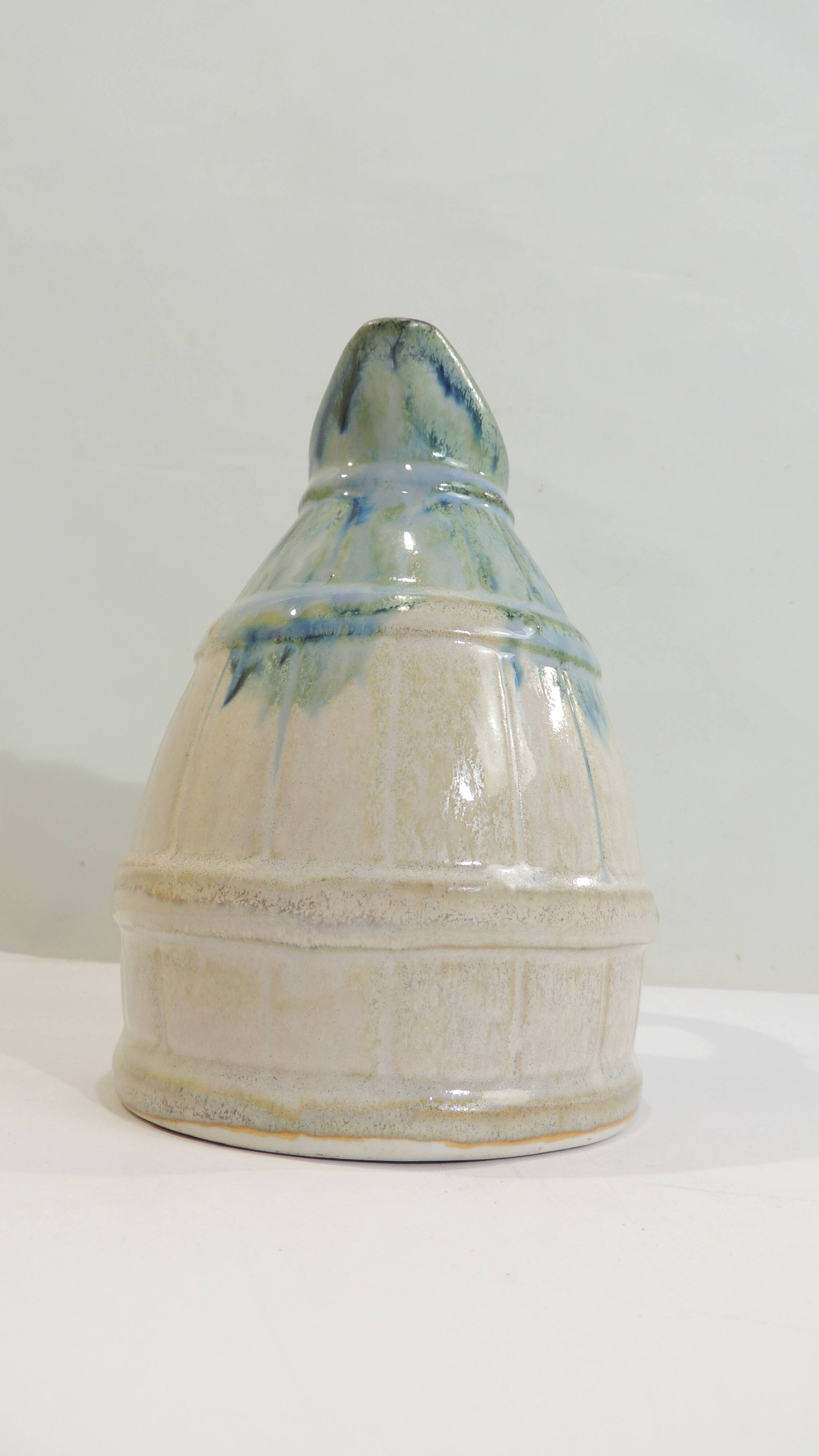 Vintage beige and blue glazed ceramic pitcher – Rustic handcrafted jug