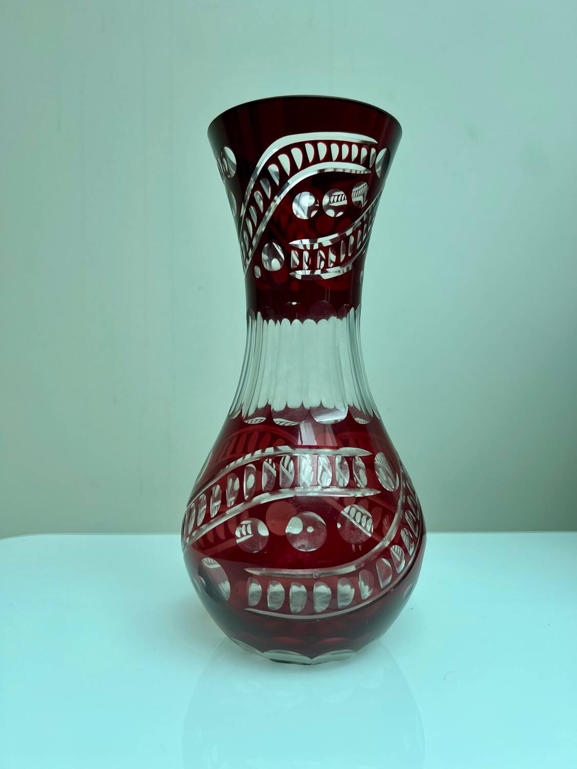 Bohemian crystal vase in ruby red color