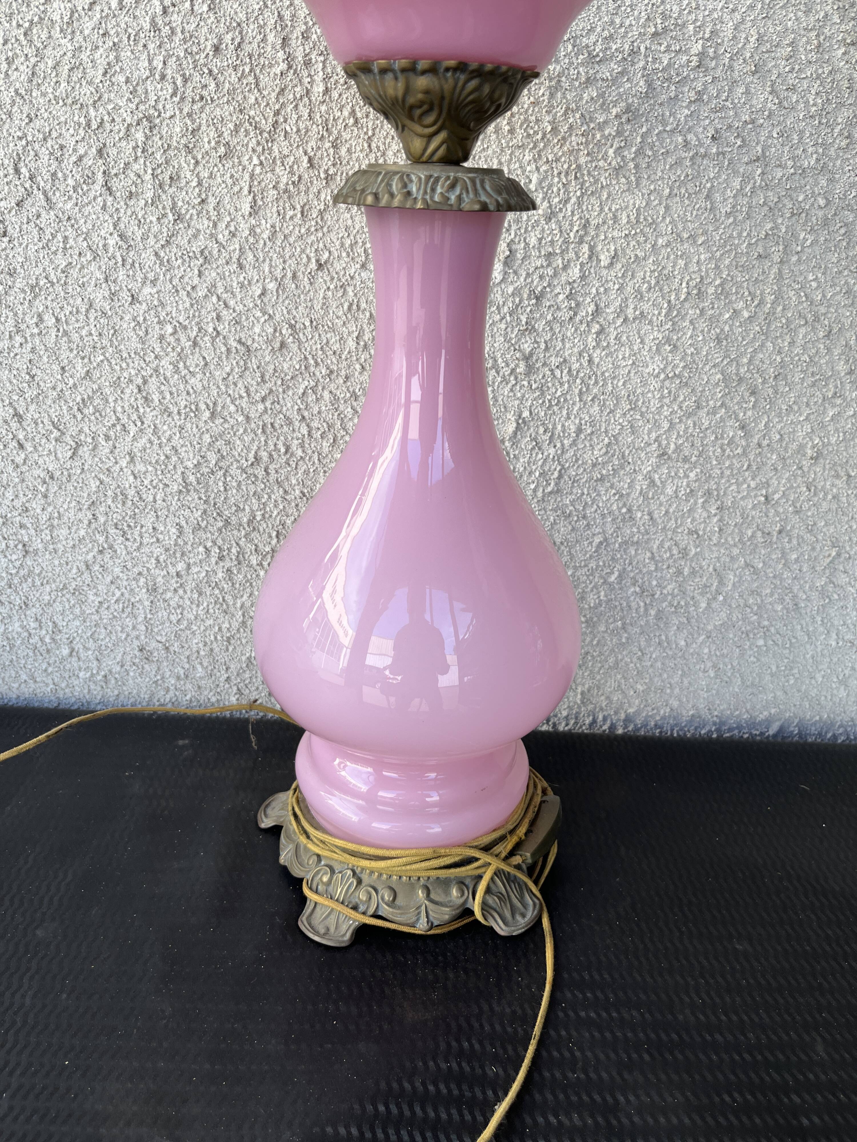 Large antique lamp in pink opaline and brass with engraved globe
