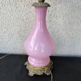 Large antique lamp in pink opaline and brass with engraved globe