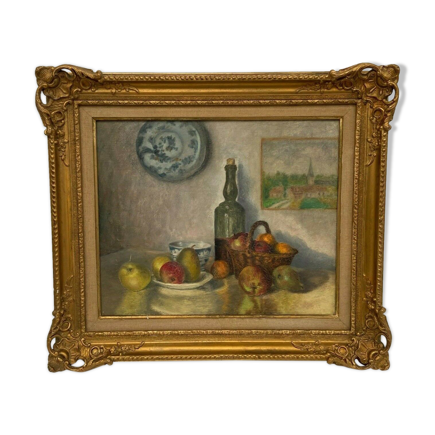 J poisat oil on canvas still life with fruits composition stucco frame