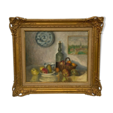 J poisat oil on canvas still life with fruits composition stucco frame