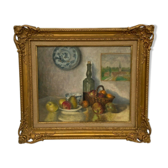 J poisat oil on canvas still life with fruits composition stucco frame